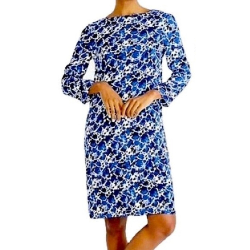 J Crew Mercantile Shift Dress Small Blue White Floral 3/4 Sleeve Viscose Coastal